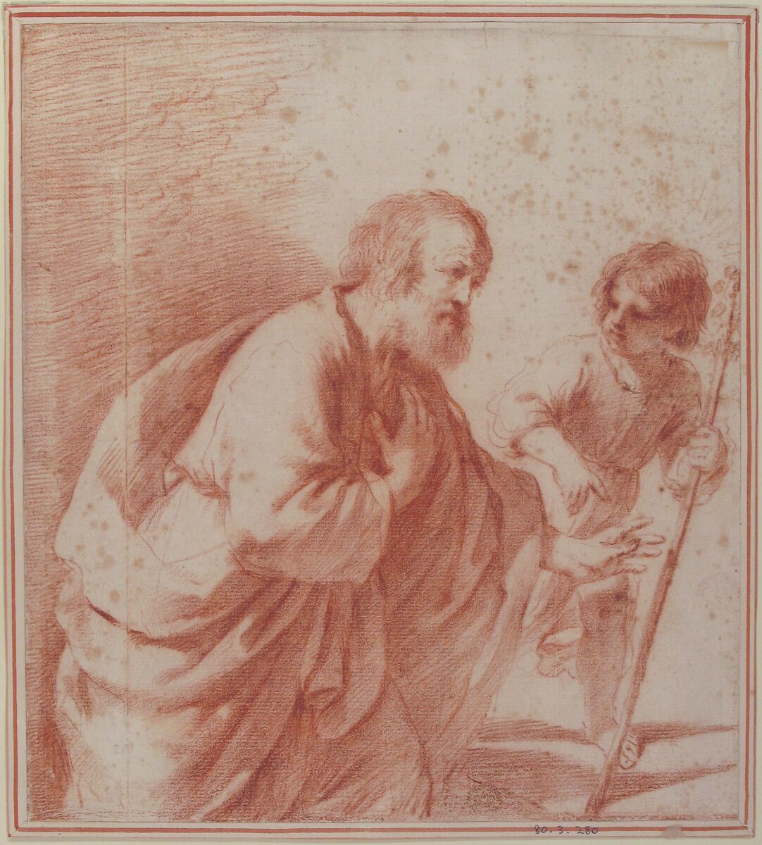 Saint Joseph Seen with his Flowering Staff, which is Held by the Christ Child, Attributed to Guercino (Giovanni Francesco Barbieri) (Italian, Cento 1591–1666 Bologna), Red chalk