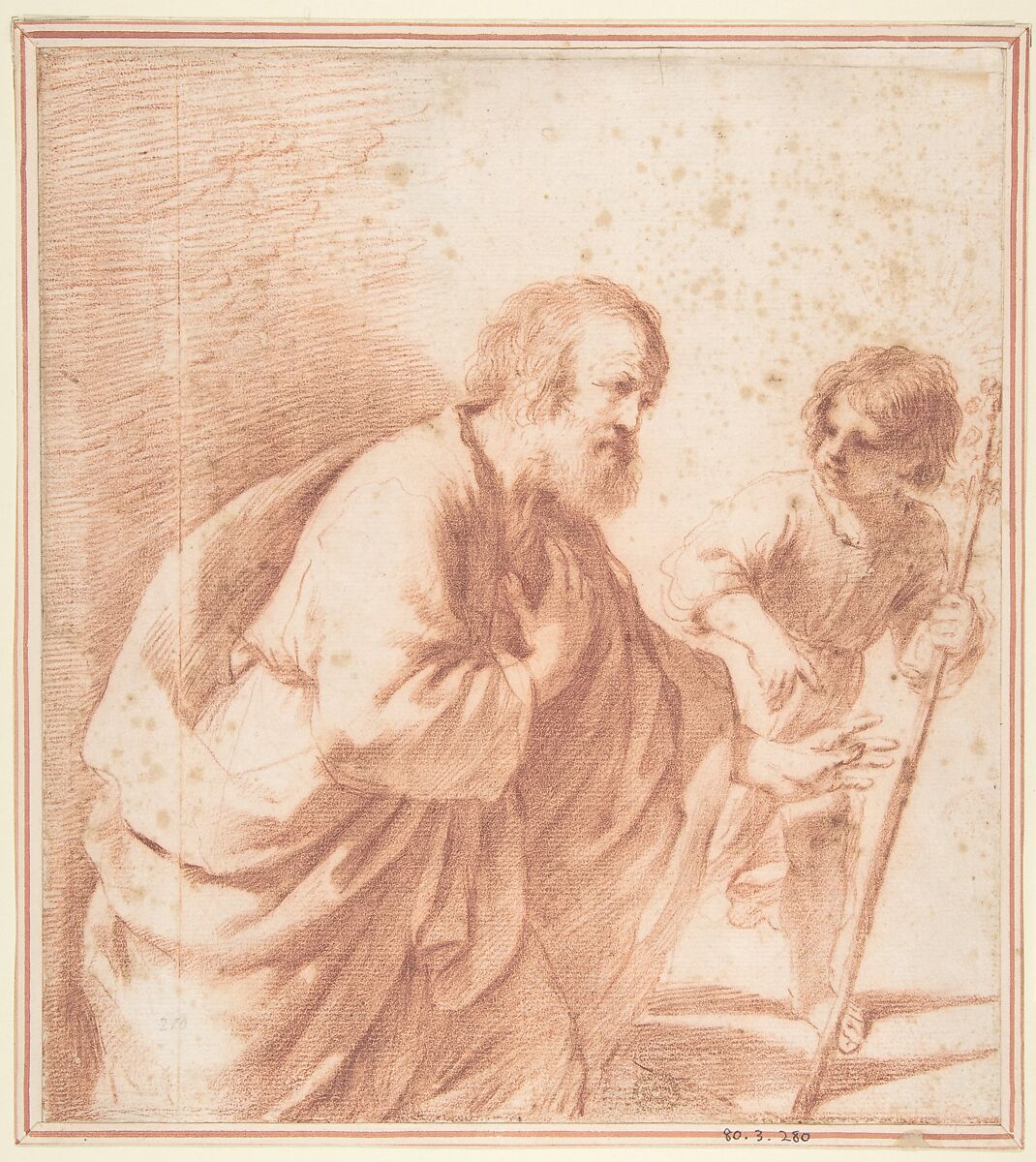 Saint Joseph Seen with his Flowering Staff, which is Held by the Christ Child, Attributed to Guercino (Giovanni Francesco Barbieri) (Italian, Cento 1591–1666 Bologna), Red chalk 