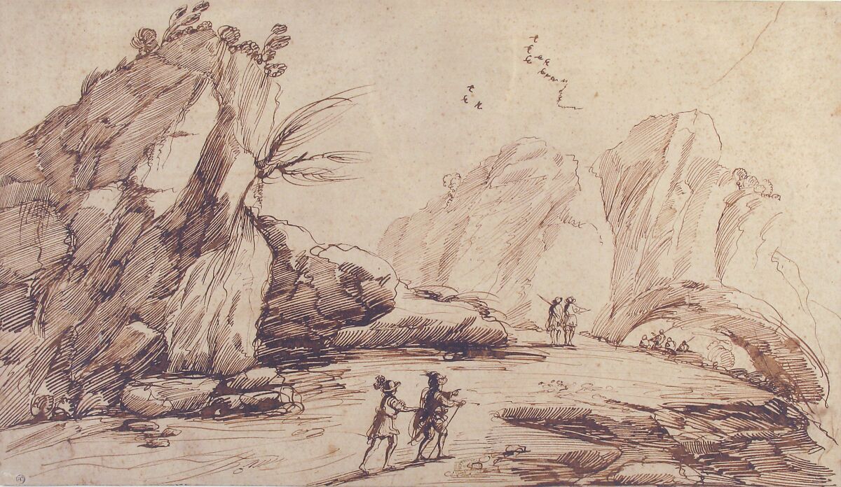 Rocky Landscape with Eight Figures, Imitator of Guercino (Giovanni Francesco Barbieri) (Italian, Cento 1591–1666 Bologna), Pen and dark brown ink, brush and dark brown ink.