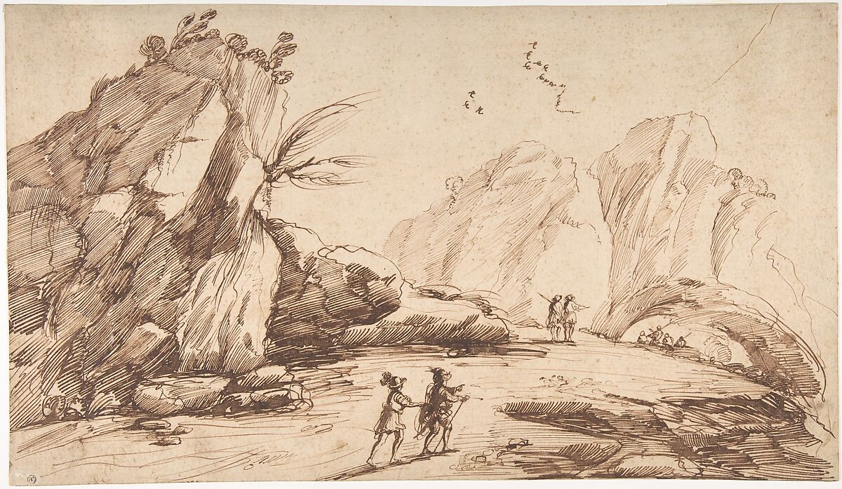 Rocky Landscape with Eight Figures, Imitator of Guercino (Giovanni Francesco Barbieri) (Italian, Cento 1591–1666 Bologna), Pen and dark brown ink, brush and dark brown ink. 