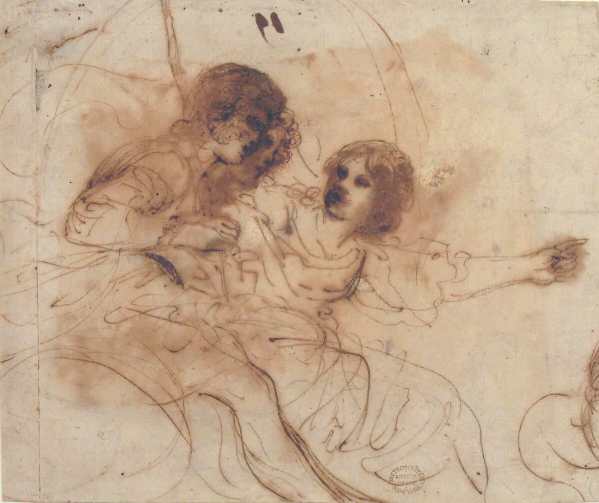Youth in a Chariot with Attendant Young Woman, Guercino (Giovanni Francesco Barbieri) (Italian, Cento 1591–1666 Bologna), Pen and brown ink, brush and brown wash