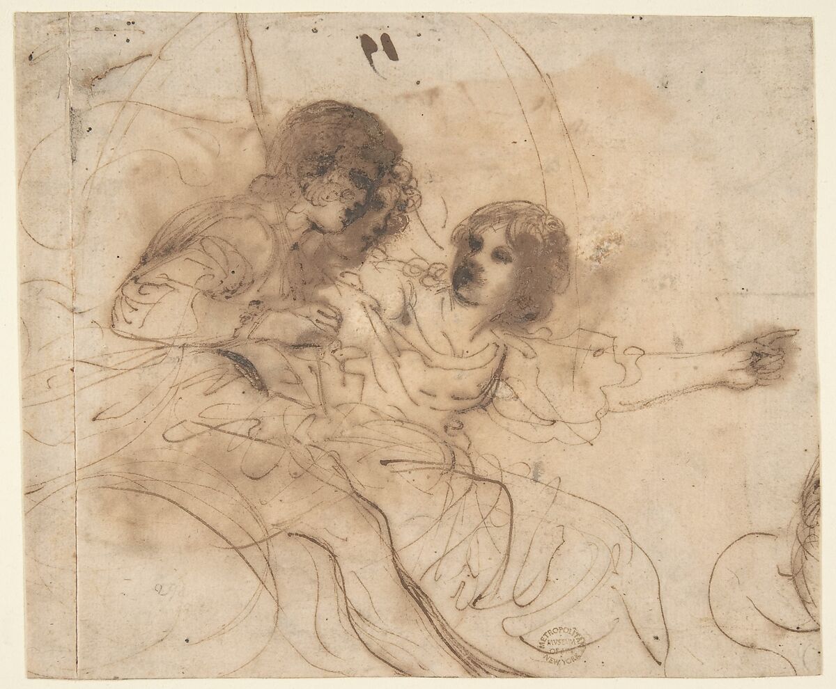 Youth in a Chariot with Attendant Young Woman, Guercino (Giovanni Francesco Barbieri) (Italian, Cento 1591–1666 Bologna), Pen and brown ink, brush and brown wash 