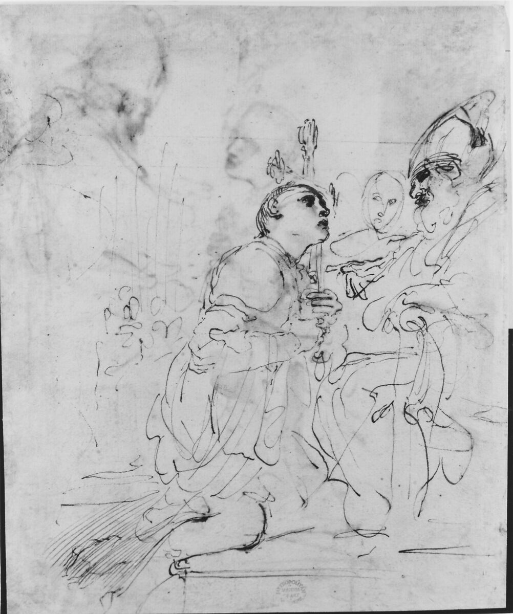 Youth Kneeling before a Prelate (recto); Another Study of a Youth Kneeling before a Prelate (verso), Guercino (Giovanni Francesco Barbieri) (Italian, Cento 1591–1666 Bologna), Pen and brown ink, brush and light brown wash (recto and verso)