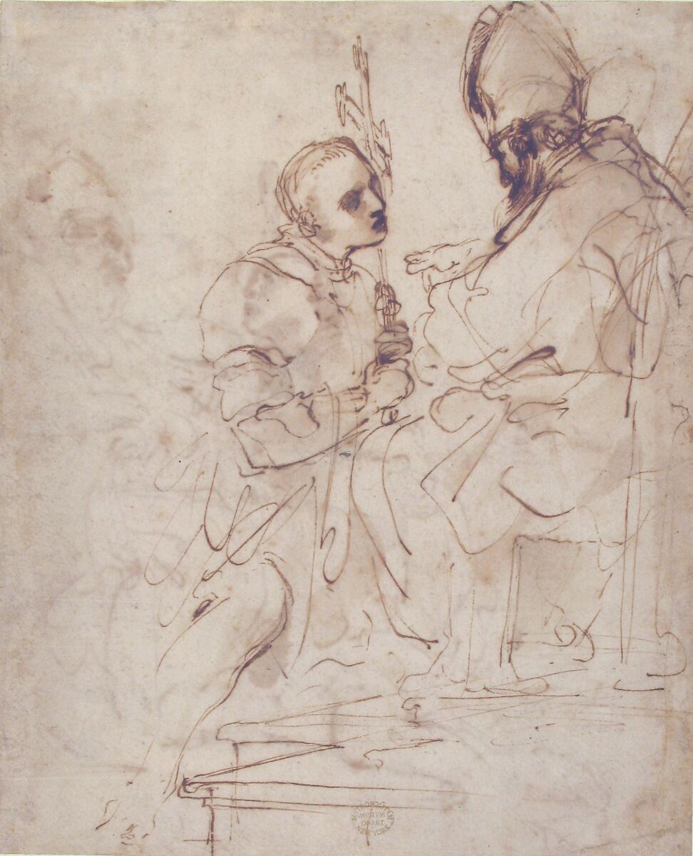 Youth Kneeling before a Prelate (recto); Another Study of a Youth Kneeling before a Prelate (verso), Guercino (Giovanni Francesco Barbieri) (Italian, Cento 1591–1666 Bologna), Pen and brown ink, brush and light brown wash (recto and verso)