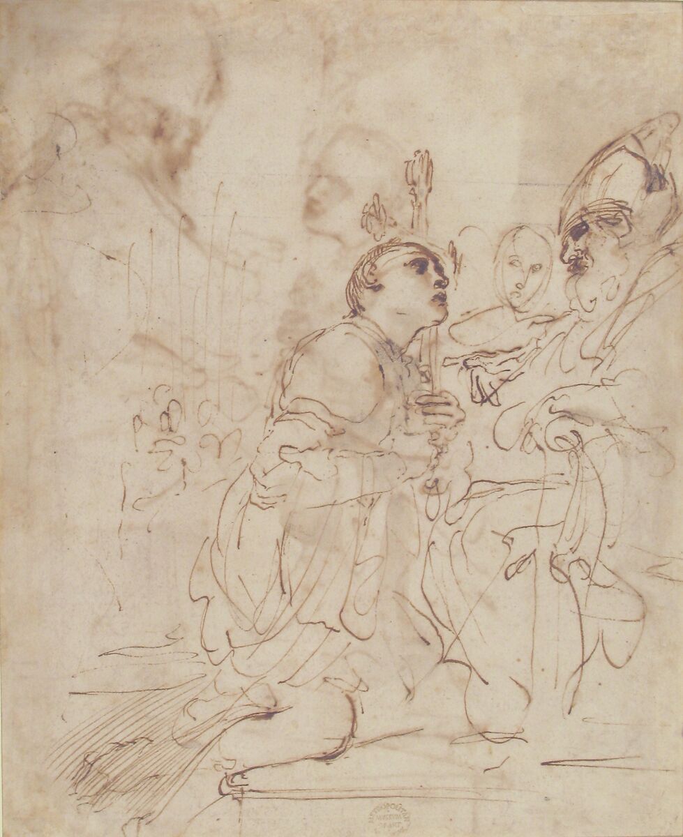 Youth Kneeling before a Prelate (recto); Another Study of a Youth Kneeling before a Prelate (verso), Guercino (Giovanni Francesco Barbieri) (Italian, Cento 1591–1666 Bologna), Pen and brown ink, brush and light brown wash (recto and verso)