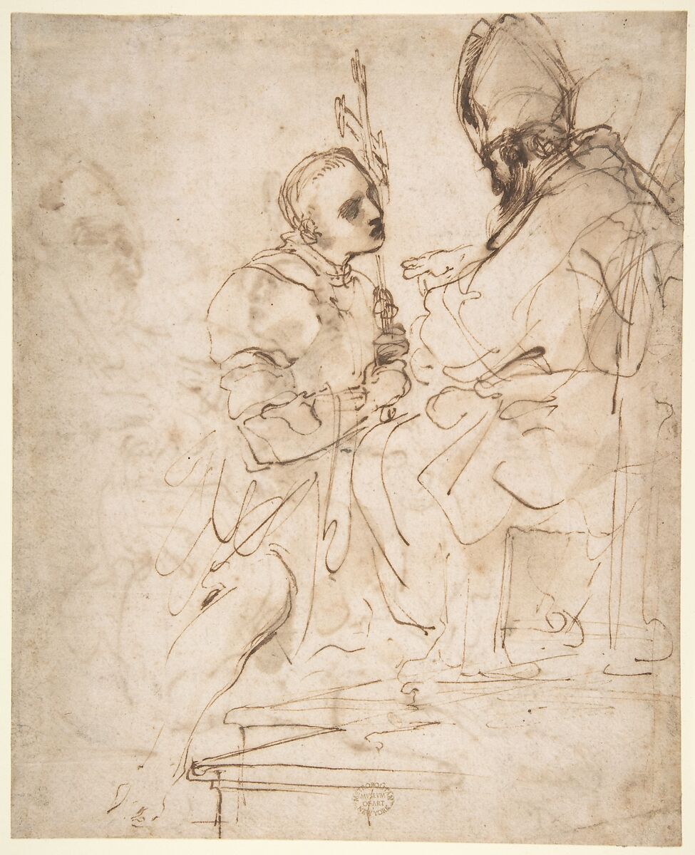 Youth Kneeling before a Prelate (recto); Another Study of a Youth Kneeling before a Prelate (verso), Guercino (Giovanni Francesco Barbieri) (Italian, Cento 1591–1666 Bologna), Pen and brown ink, brush and light brown wash (recto and verso) 