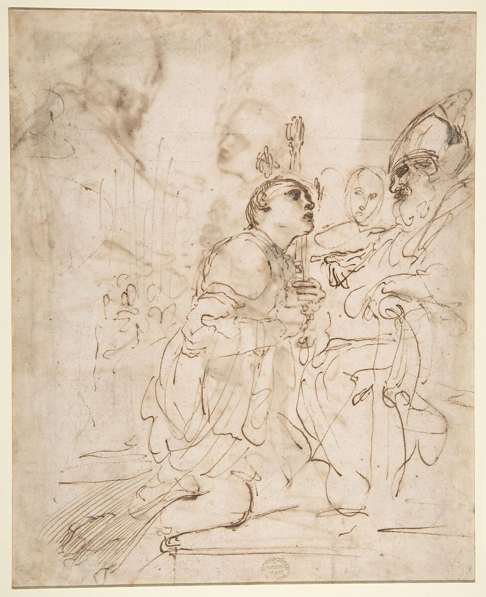 Youth Kneeling before a Prelate (recto); Another Study of a Youth Kneeling before a Prelate (verso), Guercino (Giovanni Francesco Barbieri) (Italian, Cento 1591–1666 Bologna), Pen and brown ink, brush and light brown wash (recto and verso)