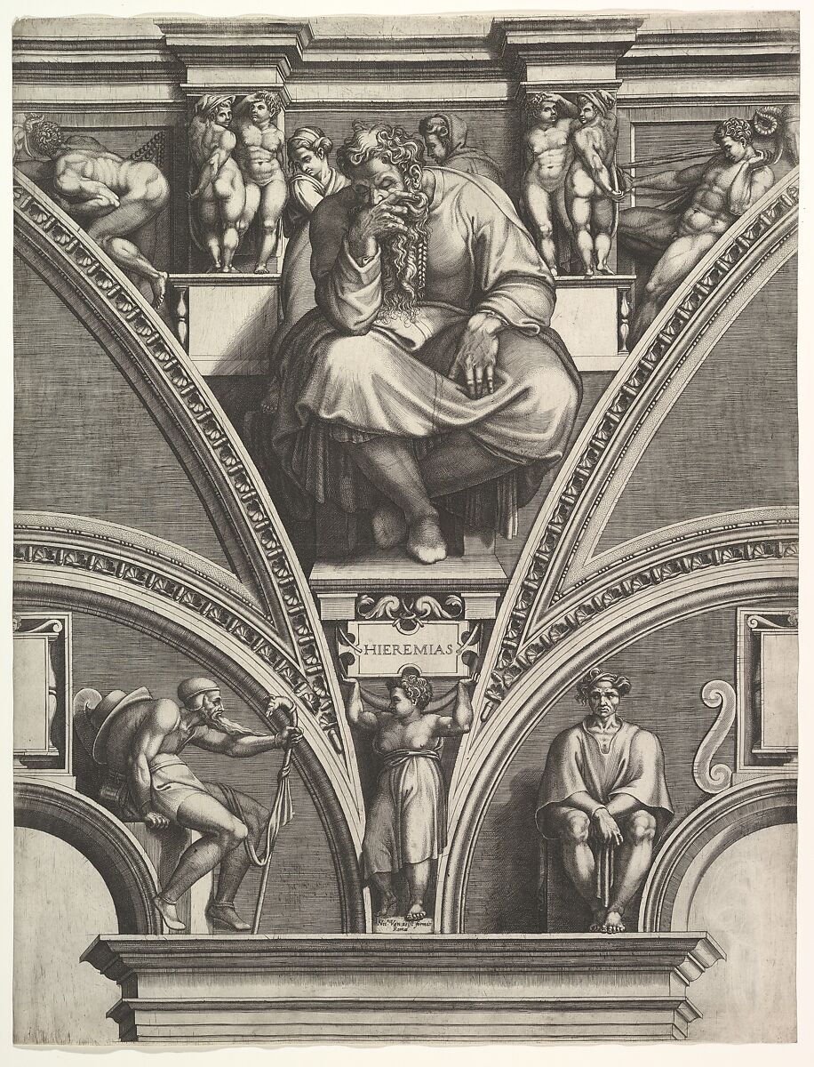 The Prophet Jeremiah, from the series of Prophets and Sibyls in the Sistine Chapel, Giorgio Ghisi (Italian, Mantua ca. 1520–1582 Mantua), Engraving; third state of four (BLL) 