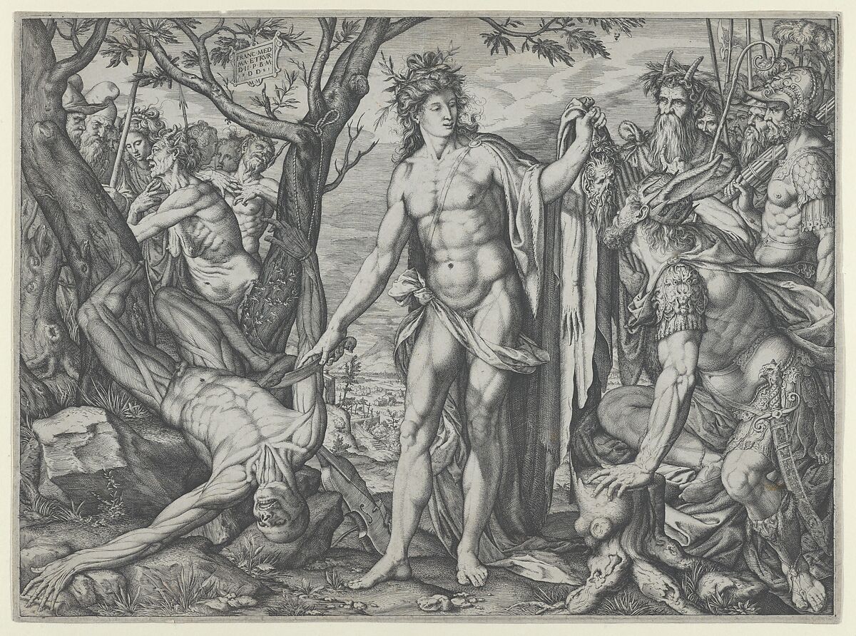 Apollo and Marsyas and the Judgment of Midas, Melchior Meier (German, active Italy, ca. 1572–82), Engraving 