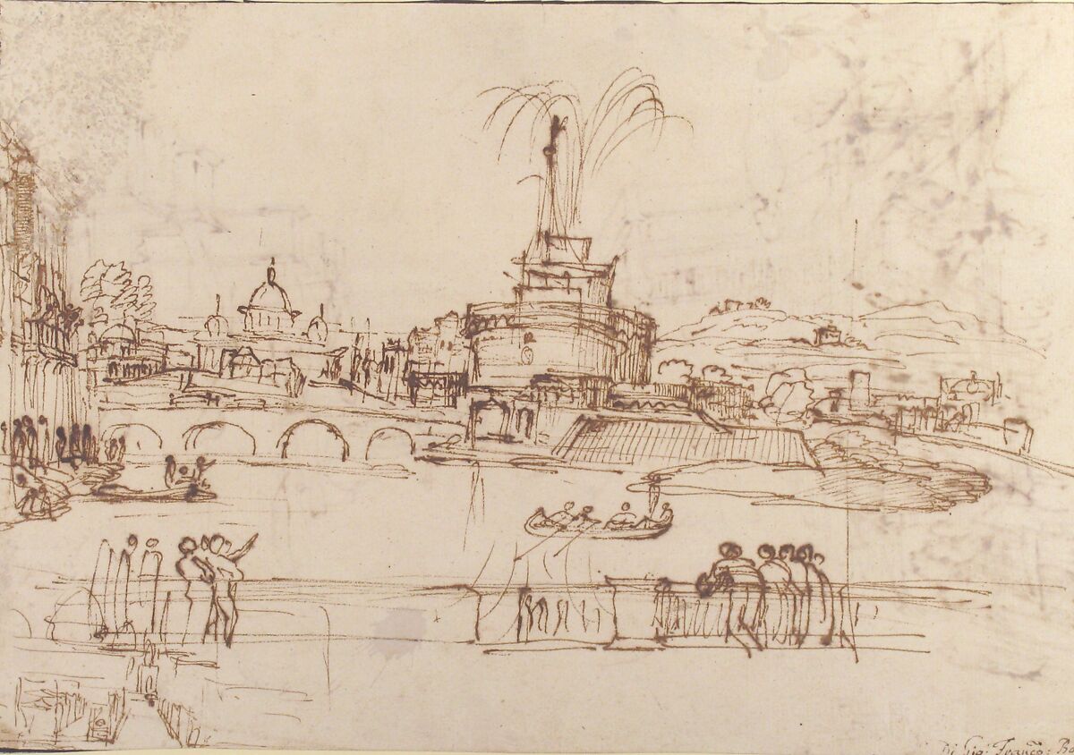Figures Watching a Display of Fireworks at Castel Sant'Angelo, Rome (recto); A Distant View of the Fireworks Seen from a Villa Garden (verso), Giovanni Francesco Grimaldi (Italian, Bologna 1606–1680 Rome), Pen and brown ink (recto); pen and brown ink over leadpoint or graphite (verso)