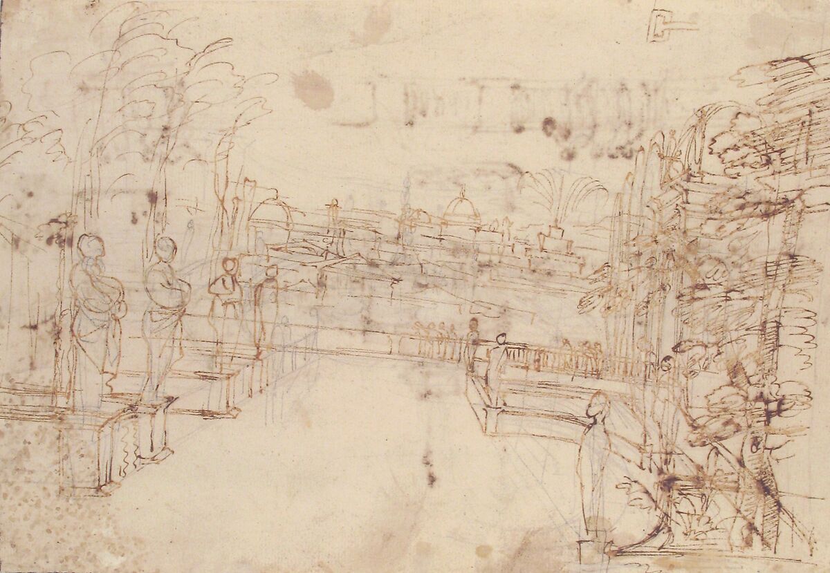 Figures Watching a Display of Fireworks at Castel Sant'Angelo, Rome (recto); A Distant View of the Fireworks Seen from a Villa Garden (verso), Giovanni Francesco Grimaldi (Italian, Bologna 1606–1680 Rome), Pen and brown ink (recto); pen and brown ink over leadpoint or graphite (verso)