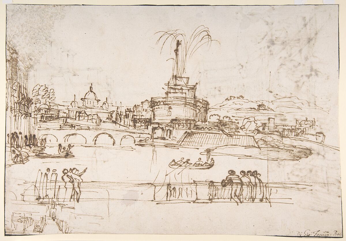 Figures Watching a Display of Fireworks at Castel Sant'Angelo, Rome (recto); A Distant View of the Fireworks Seen from a Villa Garden (verso), Giovanni Francesco Grimaldi (Italian, Bologna 1606–1680 Rome), Pen and brown ink (recto); pen and brown ink over leadpoint or graphite (verso) 