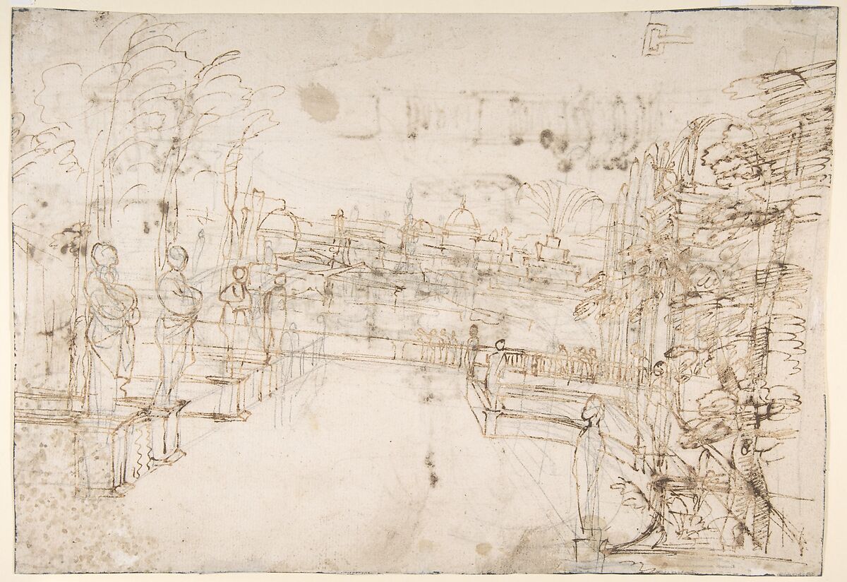 Figures Watching a Display of Fireworks at Castel Sant'Angelo, Rome (recto); A Distant View of the Fireworks Seen from a Villa Garden (verso), Giovanni Francesco Grimaldi (Italian, Bologna 1606–1680 Rome), Pen and brown ink (recto); pen and brown ink over leadpoint or graphite (verso)