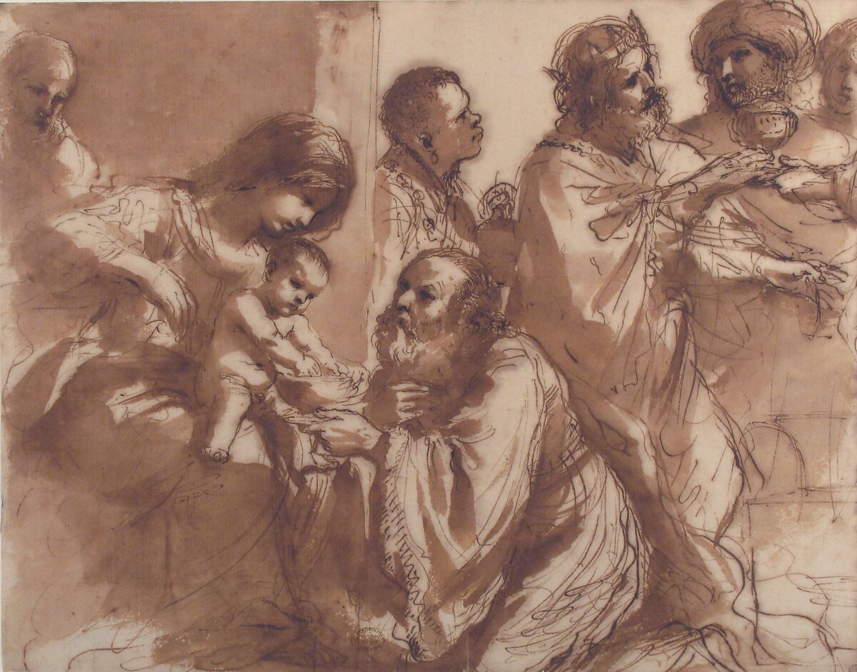The Adoration of the Magi, Guercino (Giovanni Francesco Barbieri) (Italian, Cento 1591–1666 Bologna), Pen and brown ink, brush and brown wash