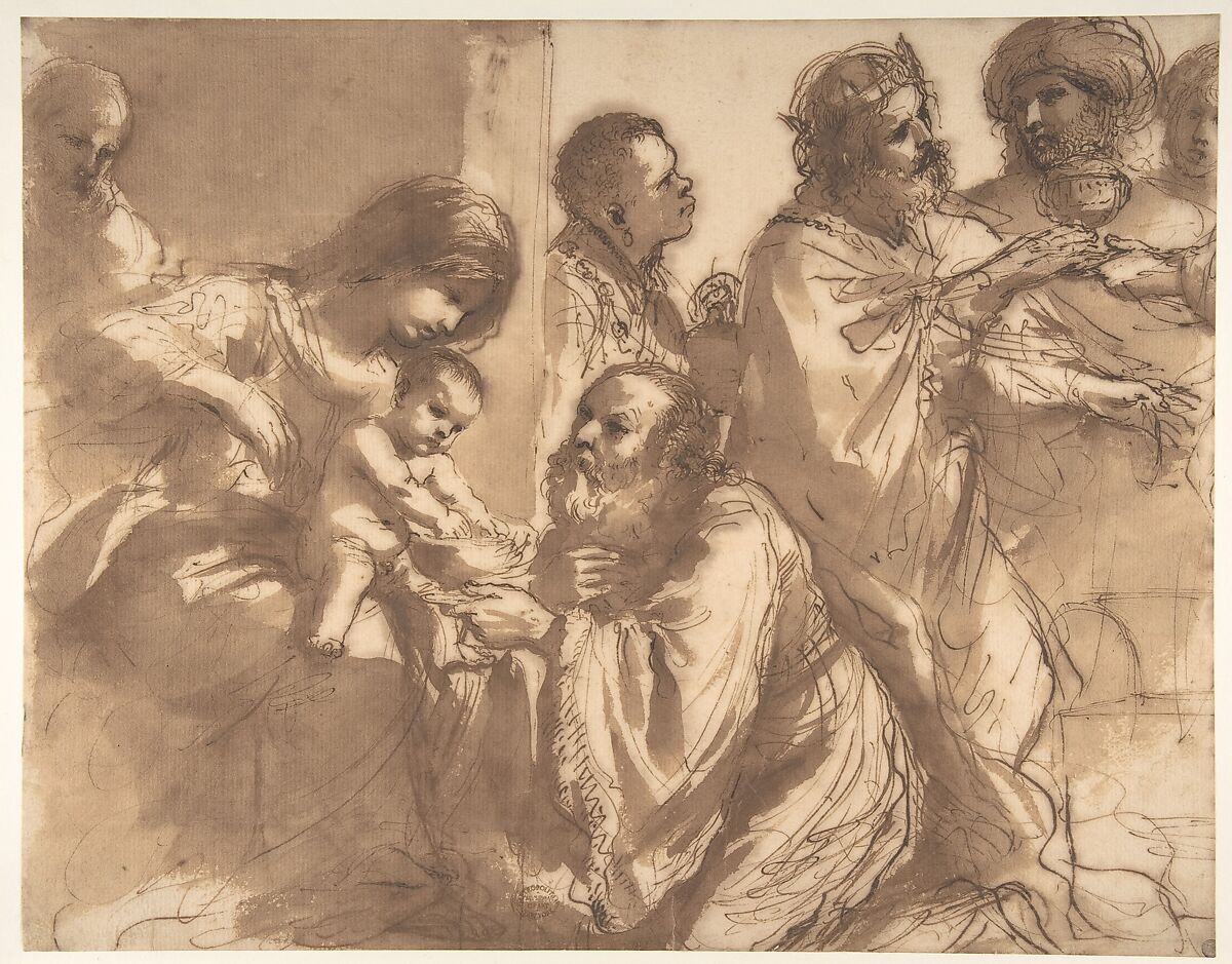 The Adoration of the Magi, Guercino (Giovanni Francesco Barbieri) (Italian, Cento 1591–1666 Bologna), Pen and brown ink, brush and brown wash 