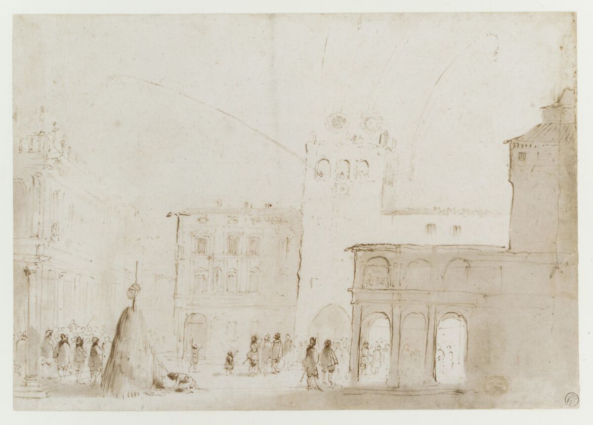 Fireworks in a Piazza, Guercino (Giovanni Francesco Barbieri) (Italian, Cento 1591–1666 Bologna), Pen and brown ink, brush with gray and brown wash, over traces of leadpoint (?)