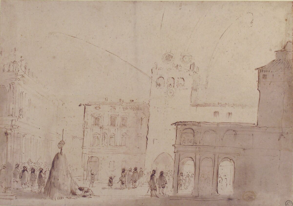Fireworks in a Piazza, Guercino (Giovanni Francesco Barbieri) (Italian, Cento 1591–1666 Bologna), Pen and brown ink, brush with gray and brown wash, over traces of leadpoint (?)
