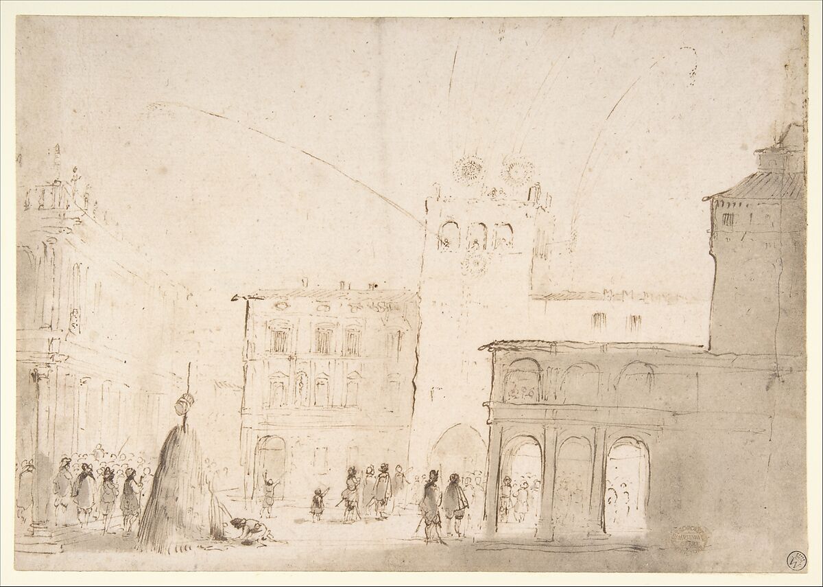 Fireworks in a Piazza, Guercino (Giovanni Francesco Barbieri)  Italian, Pen and brown ink, brush with gray and brown wash, over traces of leadpoint (?)