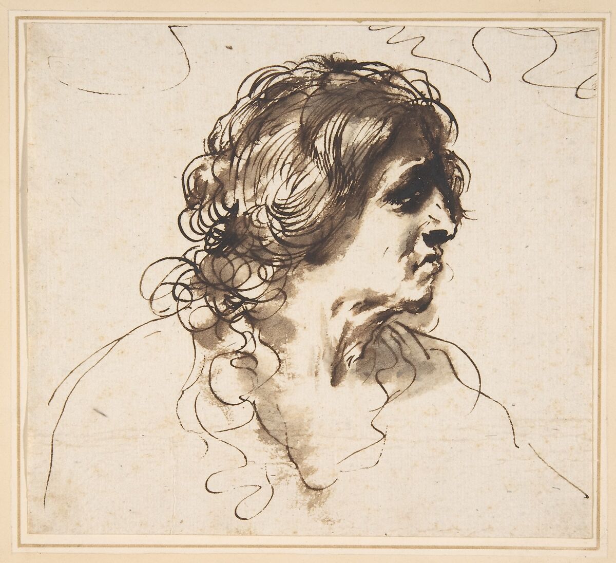 Bust of a Man Facing Right, Guercino (Giovanni Francesco Barbieri)  Italian, Pen and dark brown ink, brush with brown and gray-brown wash