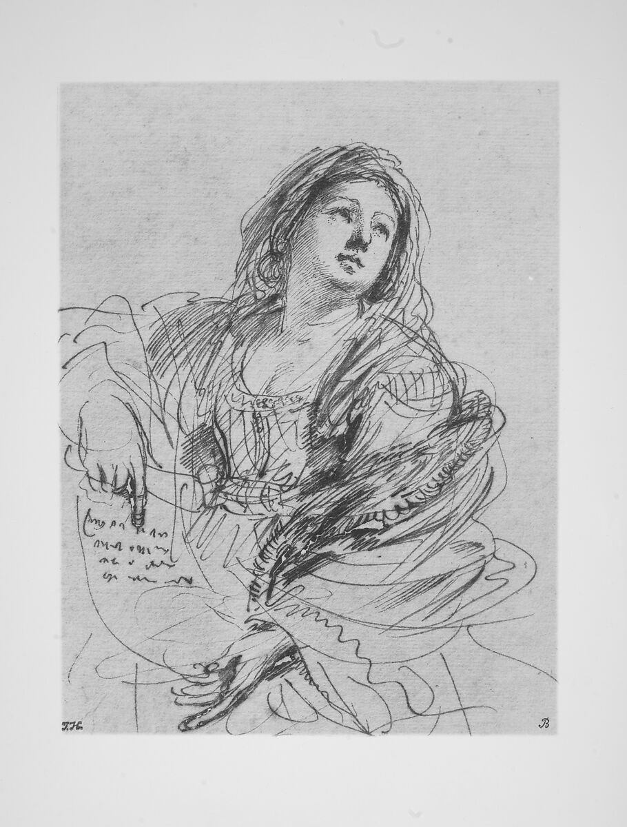 A Sibyl Holding a Scroll (Study for the Cimmerian Sibyl), Guercino (Giovanni Francesco Barbieri) (Italian, Cento 1591–1666 Bologna), Pen and dark brown ink