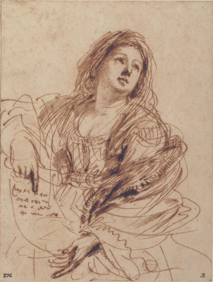 A Sibyl Holding a Scroll (Study for the Cimmerian Sibyl), Guercino (Giovanni Francesco Barbieri) (Italian, Cento 1591–1666 Bologna), Pen and dark brown ink