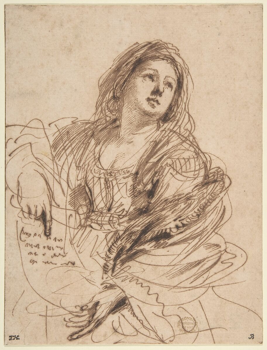 A Sibyl Holding a Scroll (Study for the Cimmerian Sibyl), Guercino (Giovanni Francesco Barbieri)  Italian, Pen and dark brown ink