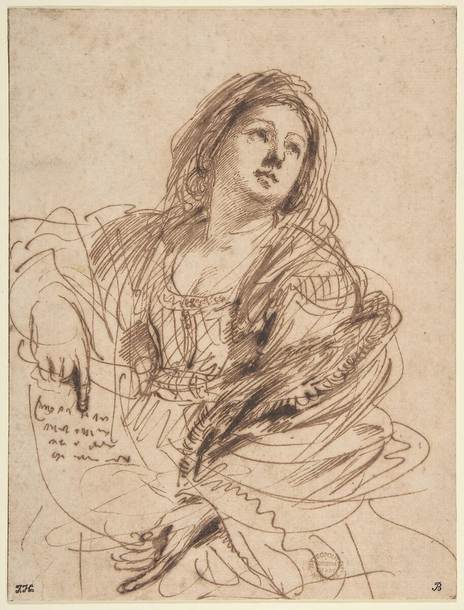 A Sibyl Holding a Scroll (Study for the Cimmerian Sibyl), Guercino (Giovanni Francesco Barbieri) (Italian, Cento 1591–1666 Bologna), Pen and dark brown ink 