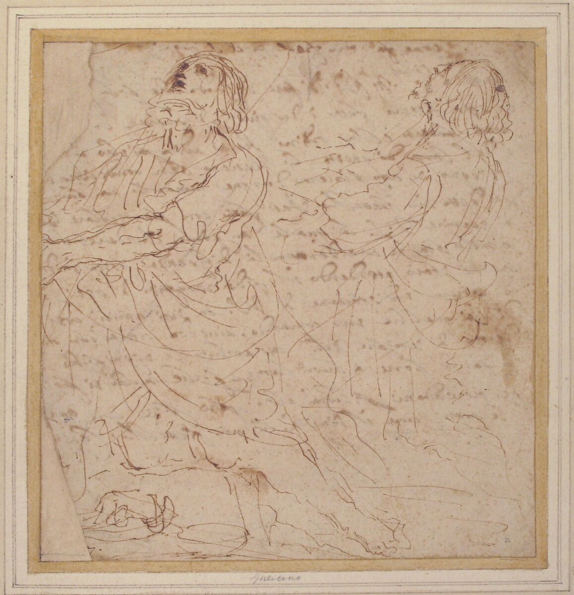 Two Studies of a Kneeling Male Figure (recto); Handwritten letter (verso), Guercino (Giovanni Francesco Barbieri) (Italian, Cento 1591–1666 Bologna), Pen and brown ink