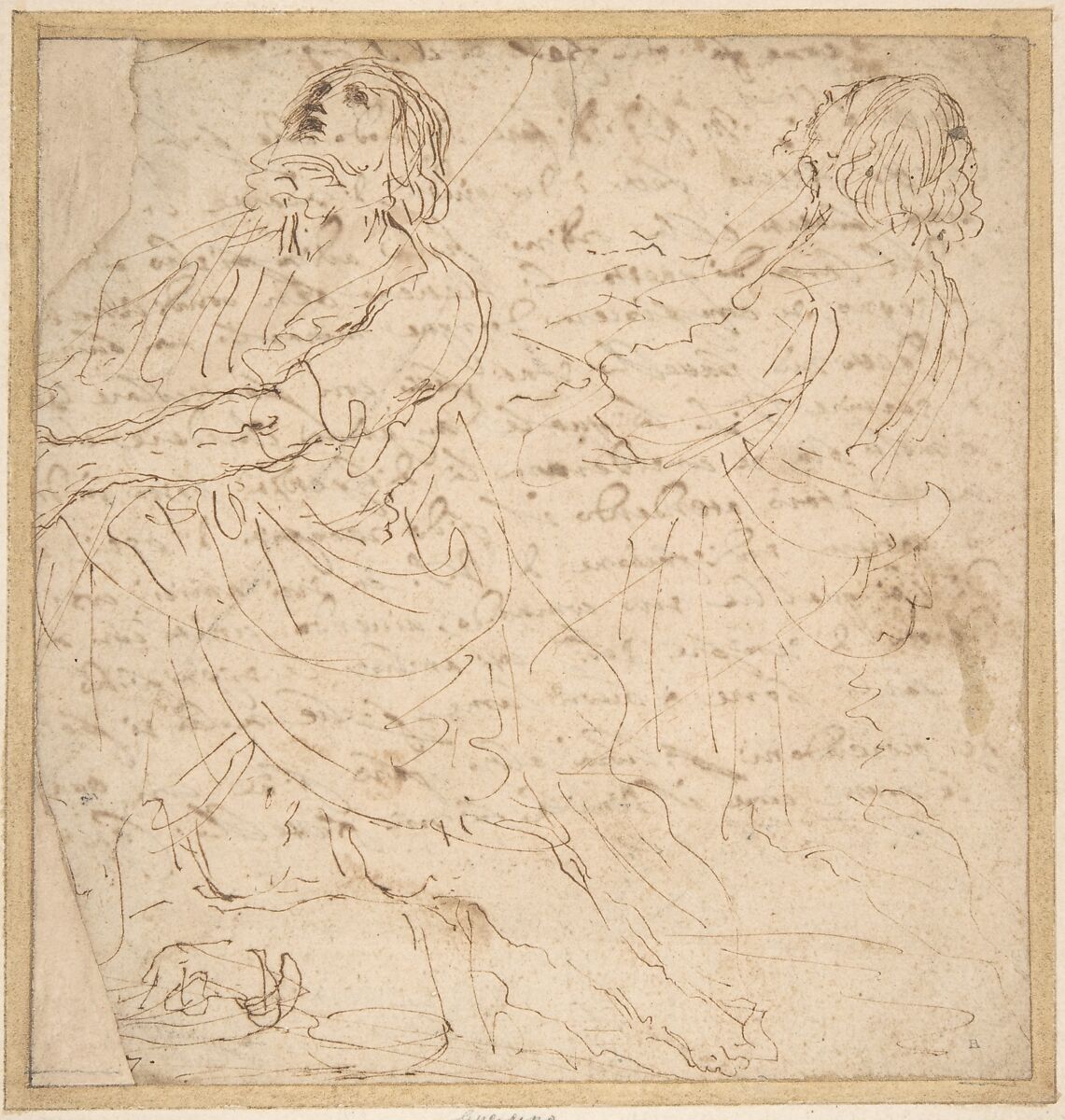 Two Studies of a Kneeling Male Figure (recto); Handwritten letter (verso), Guercino (Giovanni Francesco Barbieri) (Italian, Cento 1591–1666 Bologna), Pen and brown ink 