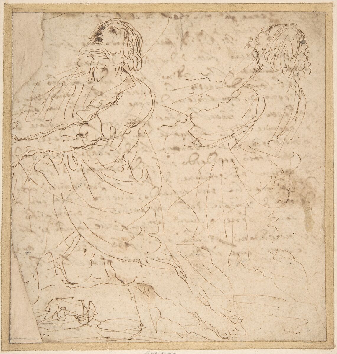 Two Studies of a Kneeling Male Figure (recto); Handwritten letter (verso), Guercino (Giovanni Francesco Barbieri)  Italian, Pen and brown ink