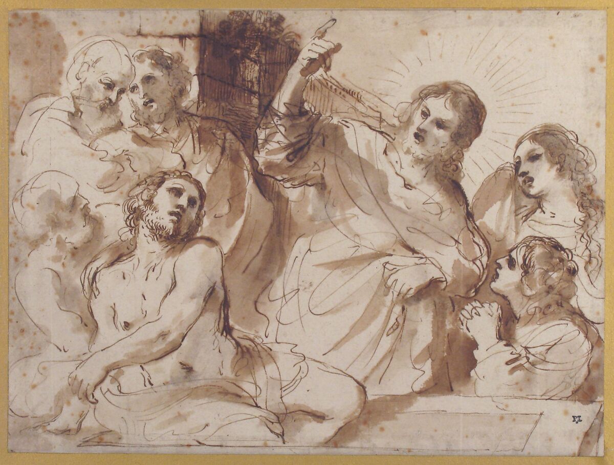 The Raising of Lazarus, Guercino (Giovanni Francesco Barbieri) (Italian, Cento 1591–1666 Bologna), Pen and brown ink, brush and brown wash, over traces of black chalk