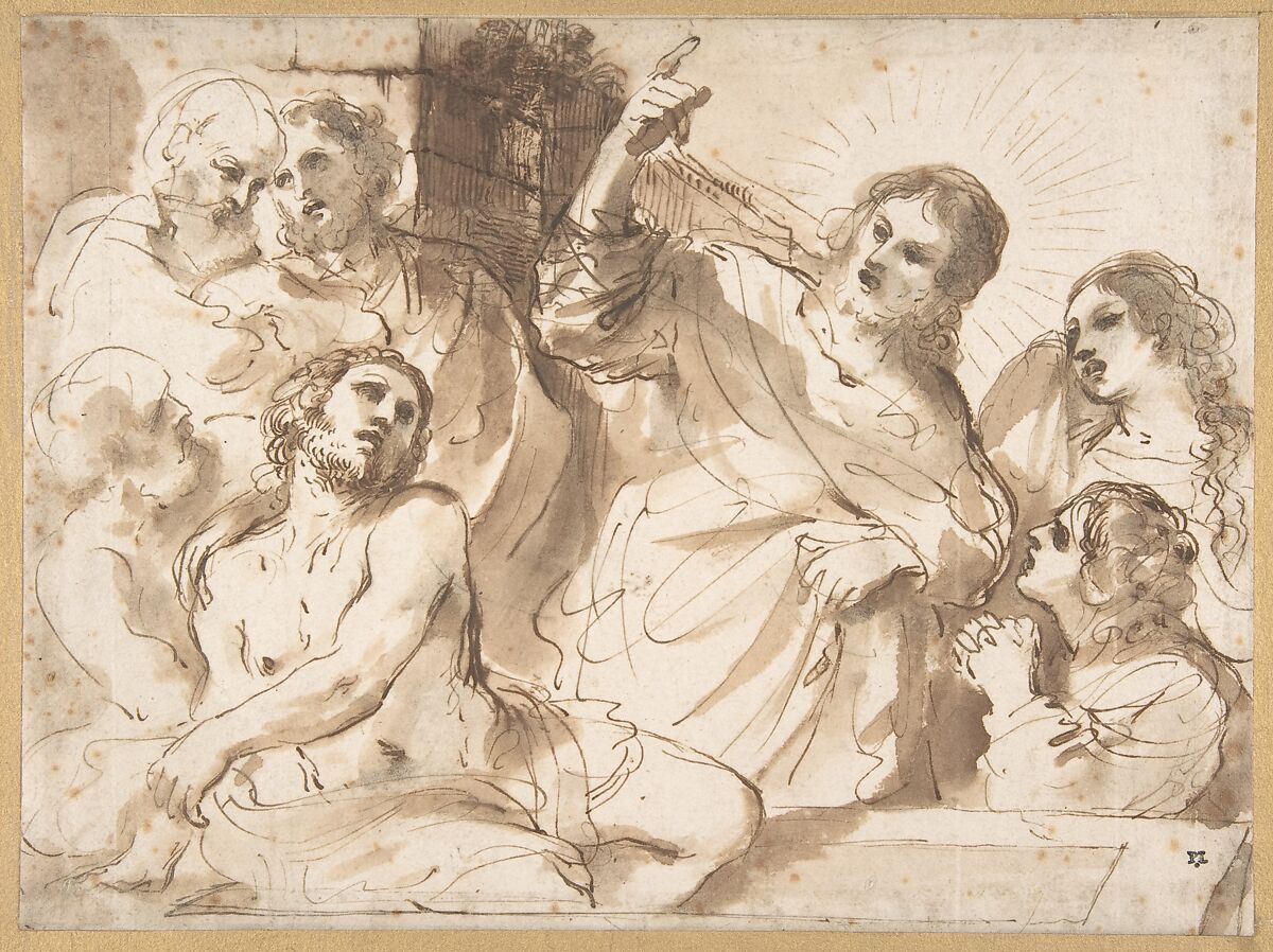 The Raising of Lazarus, Guercino (Giovanni Francesco Barbieri) (Italian, Cento 1591–1666 Bologna), Pen and brown ink, brush and brown wash, over traces of black chalk 