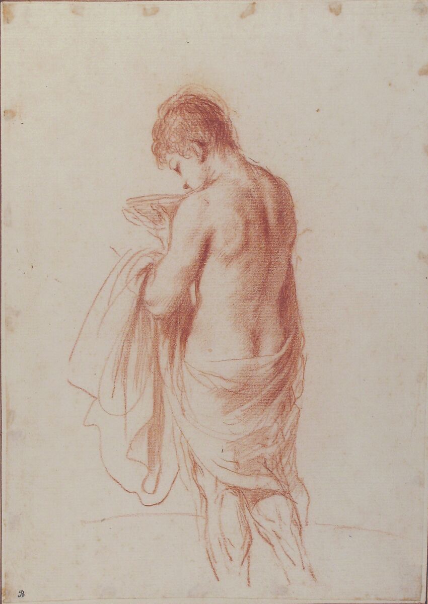 Standing Youth Seen from Behind Holding a Bowl (Ganymede?), Guercino (Giovanni Francesco Barbieri) (Italian, Cento 1591–1666 Bologna), Red chalk