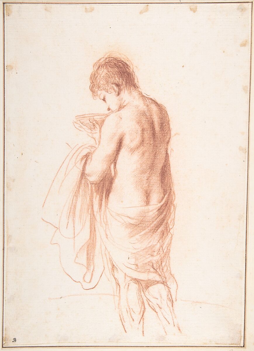 Standing Youth Seen from Behind Holding a Bowl (Ganymede?), Guercino (Giovanni Francesco Barbieri) (Italian, Cento 1591–1666 Bologna), Red chalk 