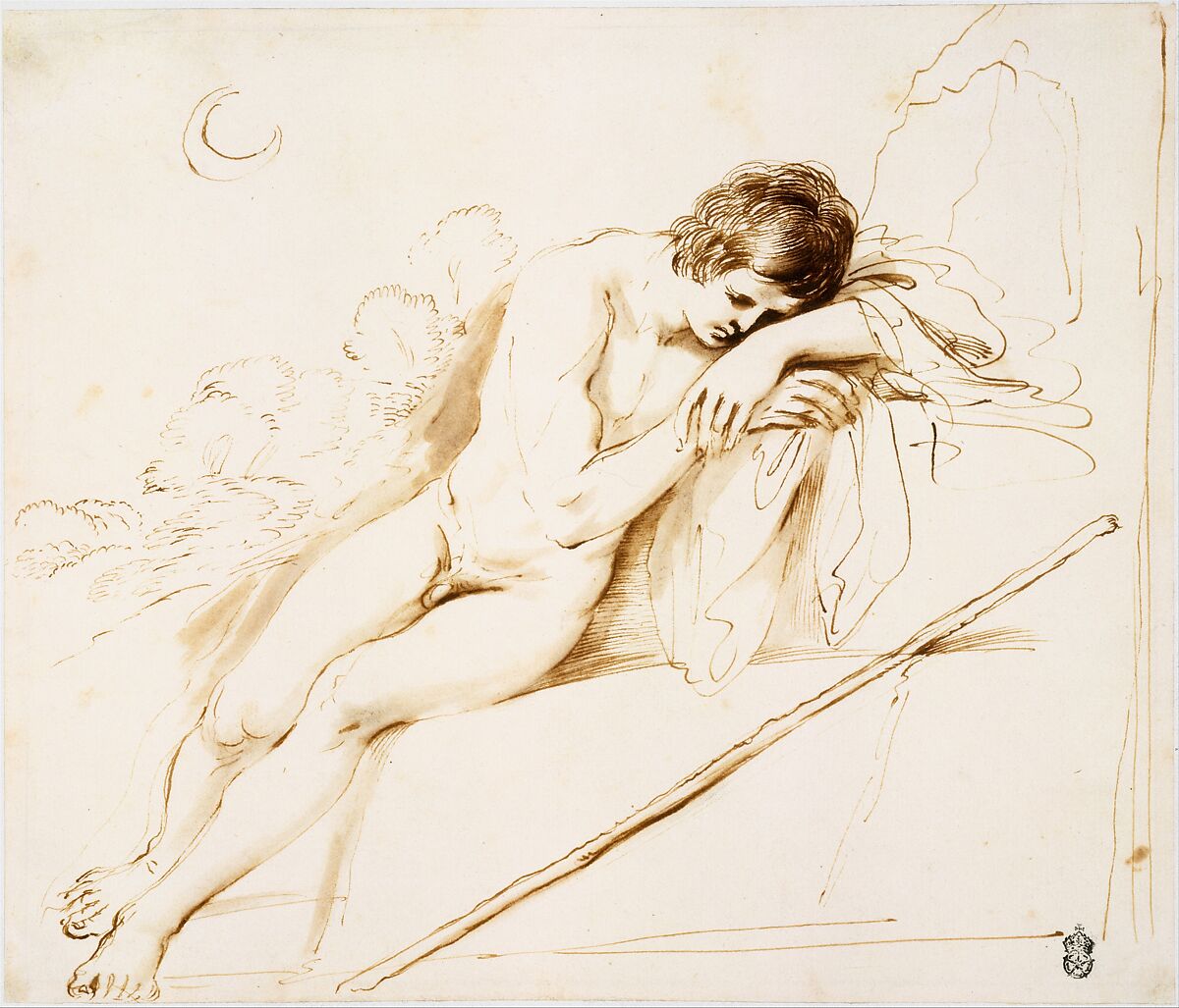 Endymion Sleeping, Guercino (Giovanni Francesco Barbieri) (Italian, Cento 1591–1666 Bologna), Pen and brown ink, brush and light brown wash
