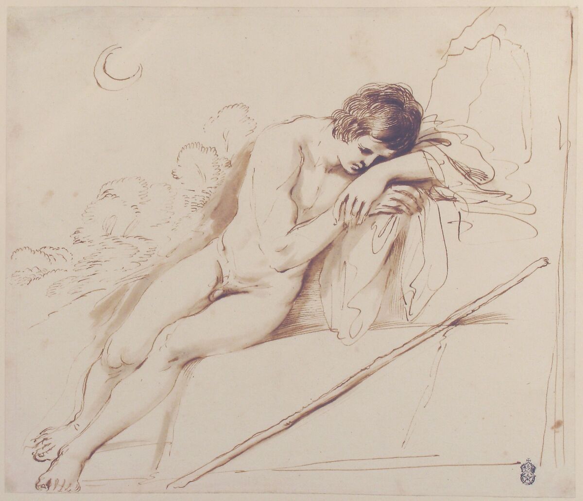 Endymion Sleeping, Guercino (Giovanni Francesco Barbieri) (Italian, Cento 1591–1666 Bologna), Pen and brown ink, brush and light brown wash
