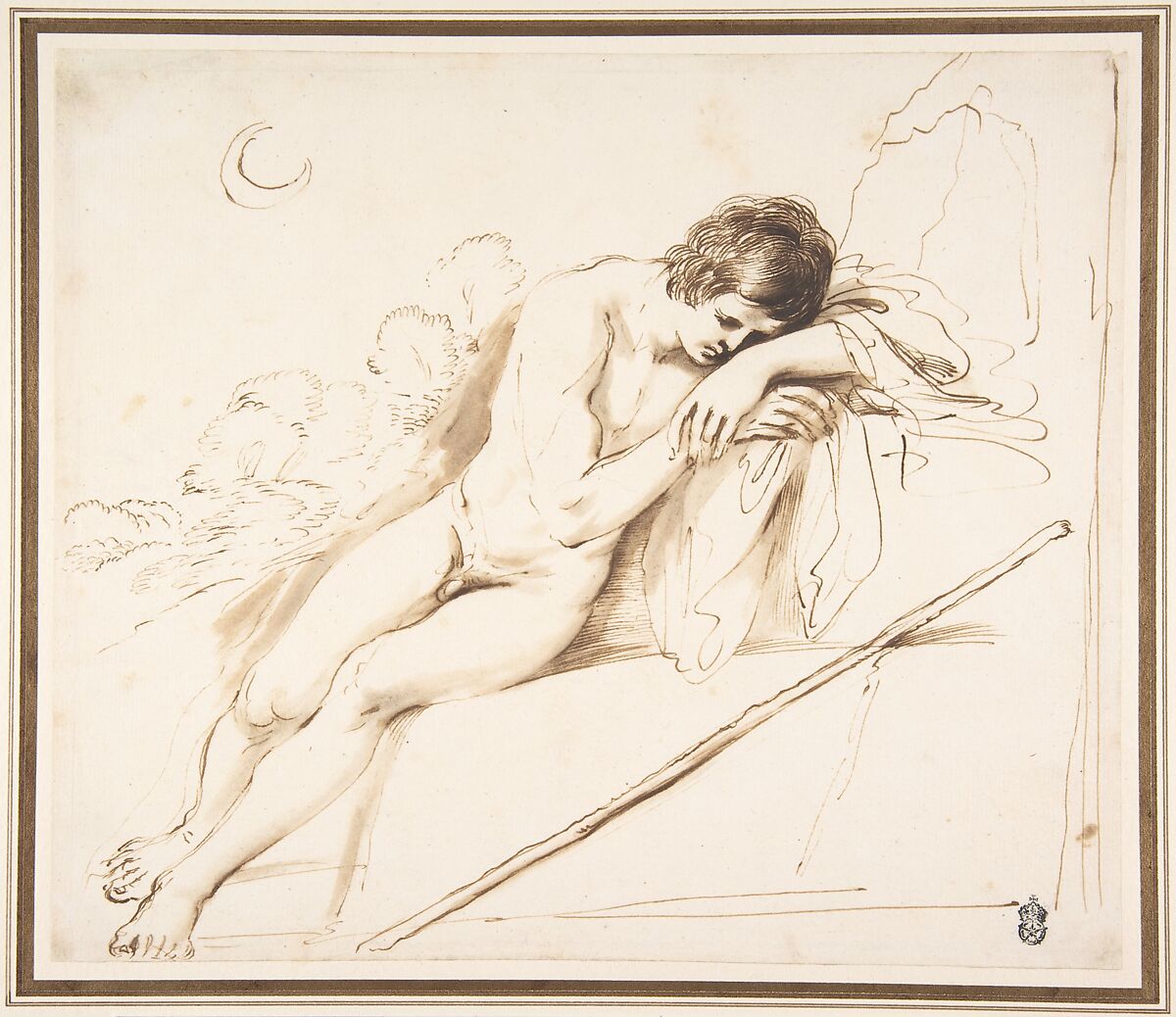 Endymion Sleeping, Guercino (Giovanni Francesco Barbieri) (Italian, Cento 1591–1666 Bologna), Pen and brown ink, brush and light brown wash 