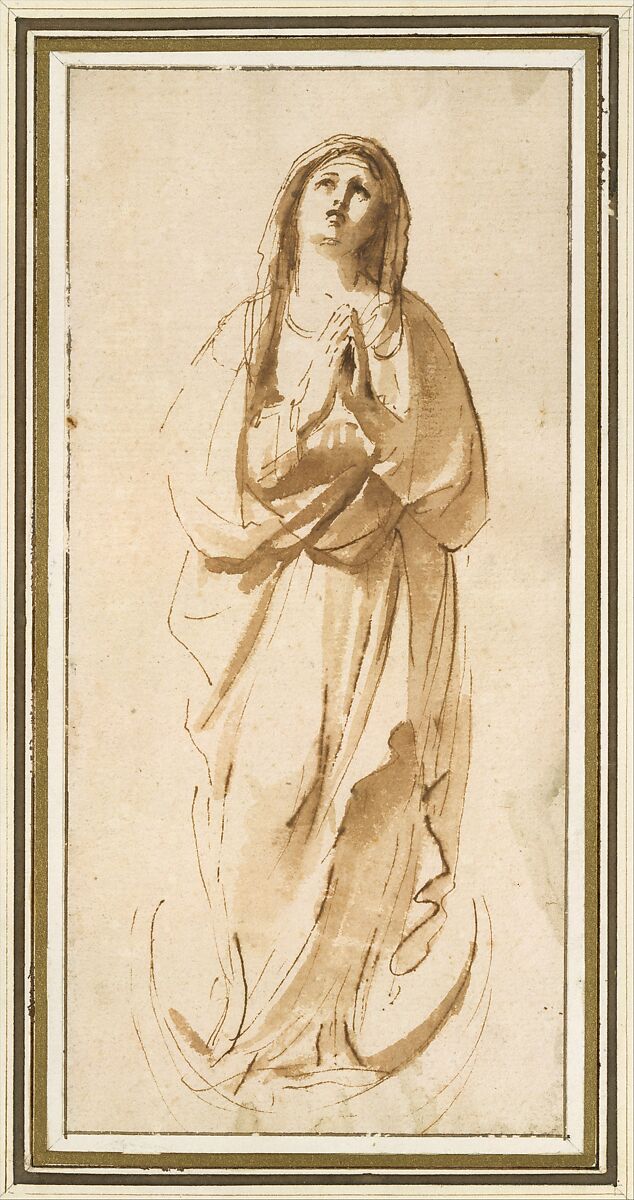 The Virgin Immaculate, Guercino (Giovanni Francesco Barbieri) (Italian, Cento 1591–1666 Bologna), Pen and brown ink, brush and light brown wash; framing outlines in pen and brown ink