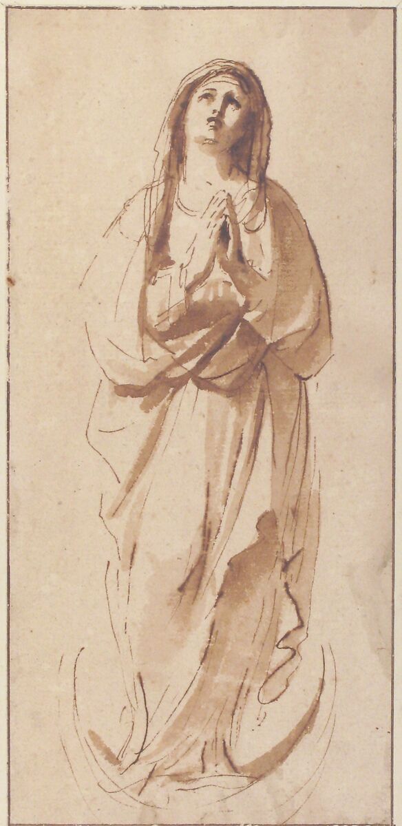 The Virgin Immaculate, Guercino (Giovanni Francesco Barbieri) (Italian, Cento 1591–1666 Bologna), Pen and brown ink, brush and light brown wash; framing outlines in pen and brown ink