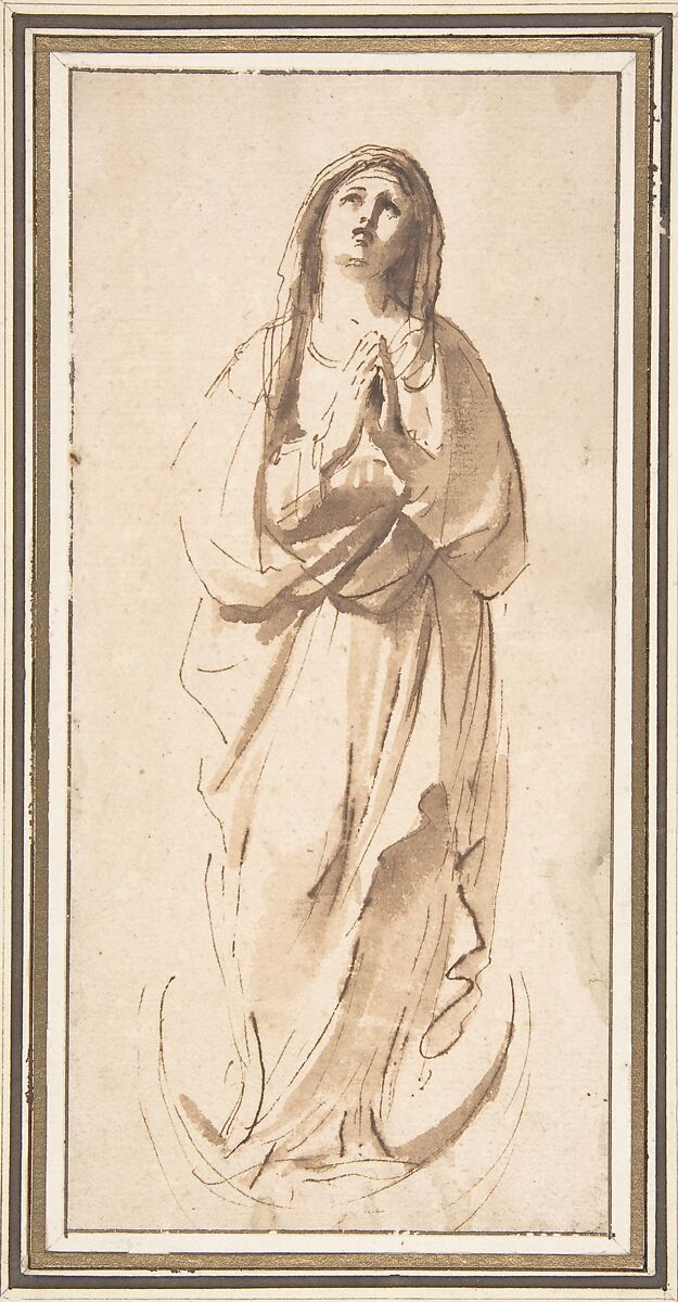 The Virgin Immaculate, Guercino (Giovanni Francesco Barbieri)  Italian, Pen and brown ink, brush and light brown wash; framing outlines in pen and brown ink