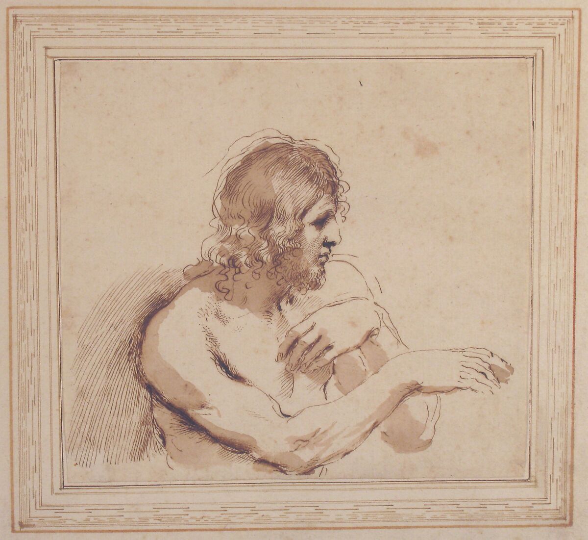 Half-Figure of a Nude Man Facing Right, Guercino (Giovanni Francesco Barbieri) (Italian, Cento 1591–1666 Bologna), Pen and brown ink, brush and brown wash