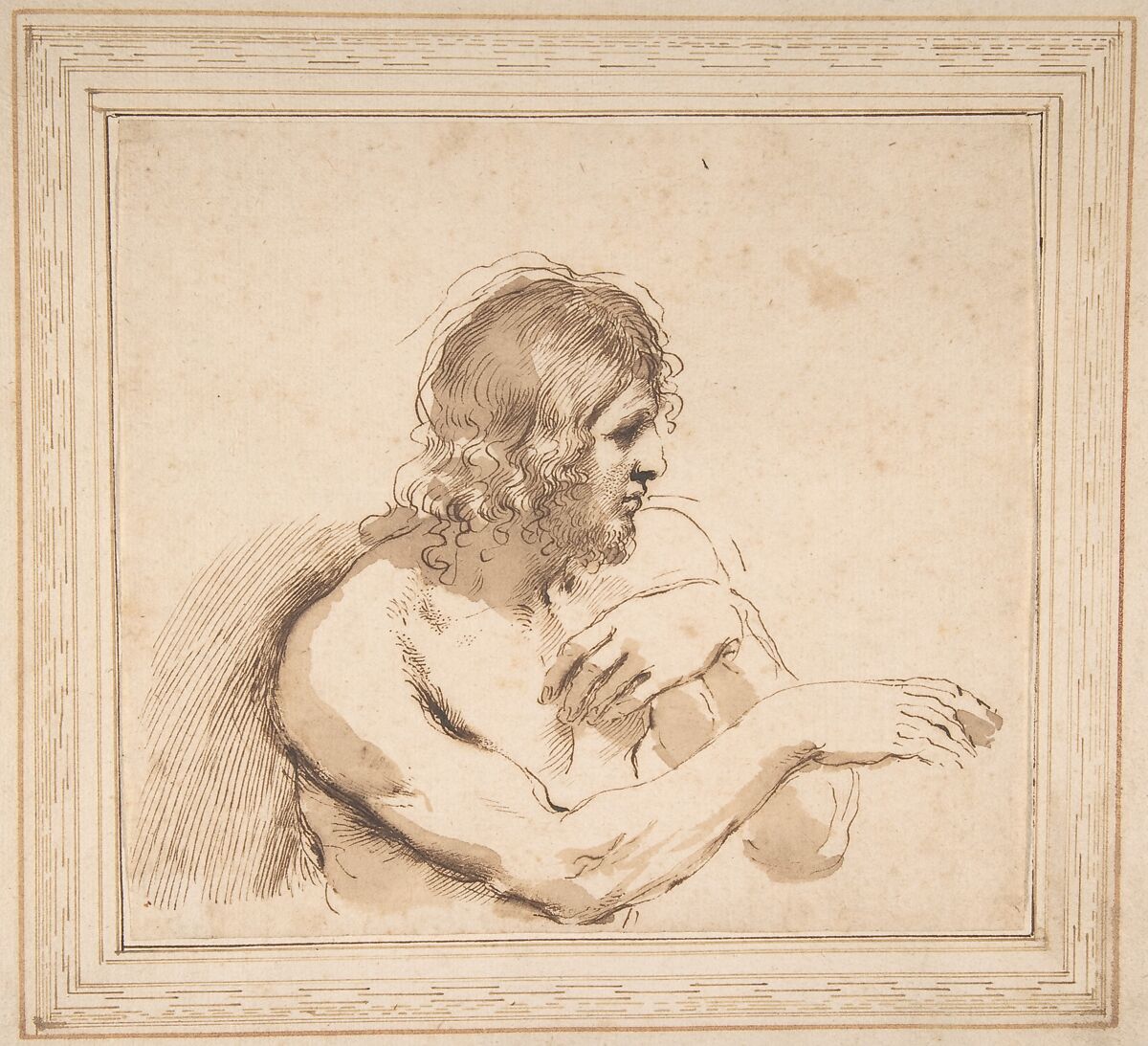 Half-Figure of a Nude Man Facing Right, Guercino (Giovanni Francesco Barbieri) (Italian, Cento 1591–1666 Bologna), Pen and brown ink, brush and brown wash 