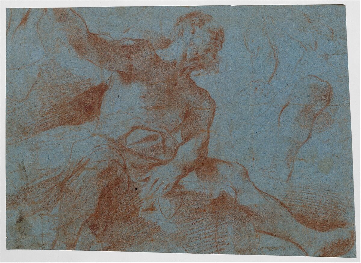 Seated Old Man with Right Arm Upraised (Tithonus) (recto); Seated Nude Youth (figure of Day) (verso), Guercino (Giovanni Francesco Barbieri) (Italian, Cento 1591–1666 Bologna), Red chalk on blue paper