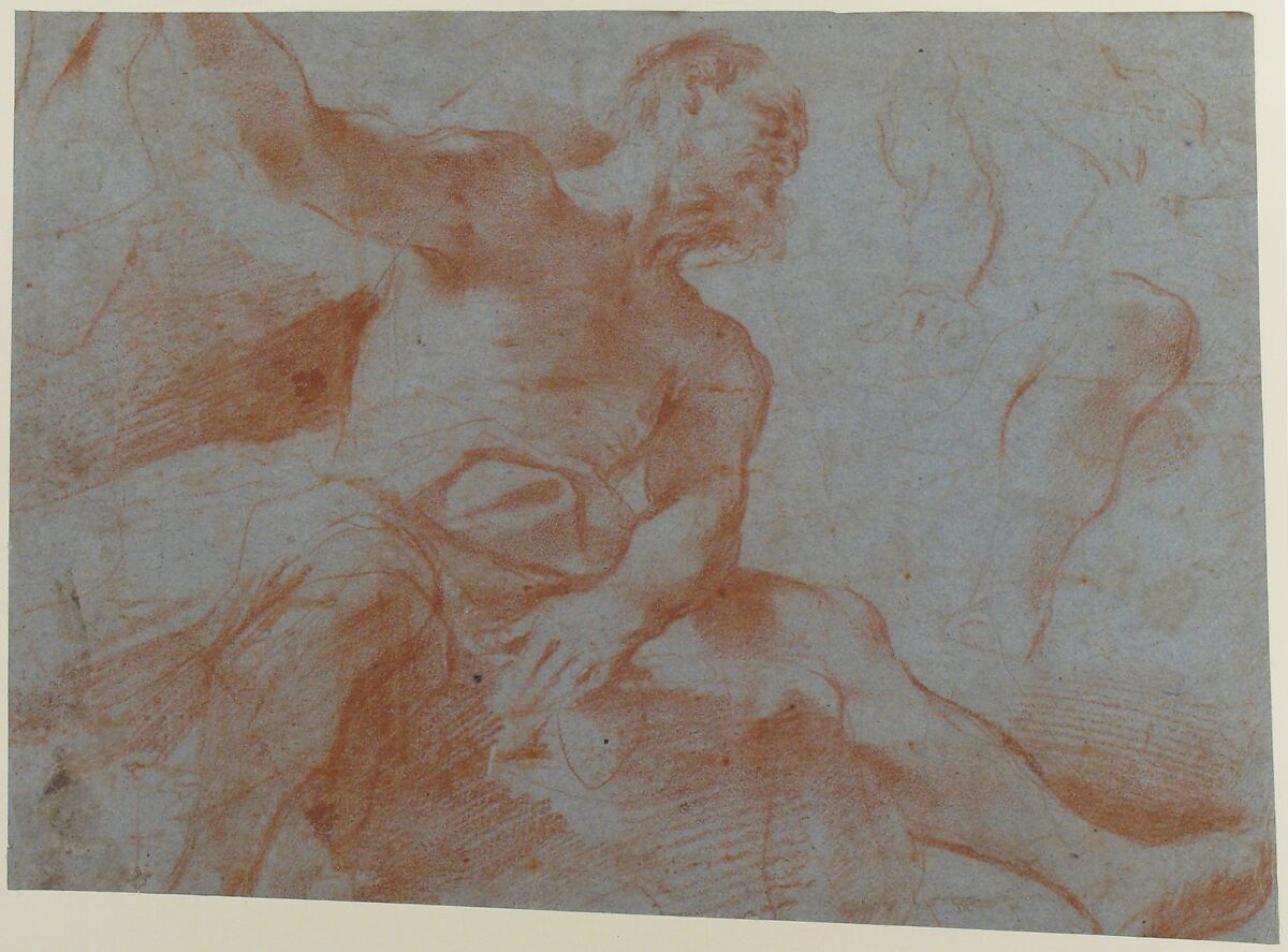 Seated Old Man with Right Arm Upraised (Tithonus) (recto); Seated Nude Youth (figure of Day) (verso), Guercino (Giovanni Francesco Barbieri) (Italian, Cento 1591–1666 Bologna), Red chalk on blue paper