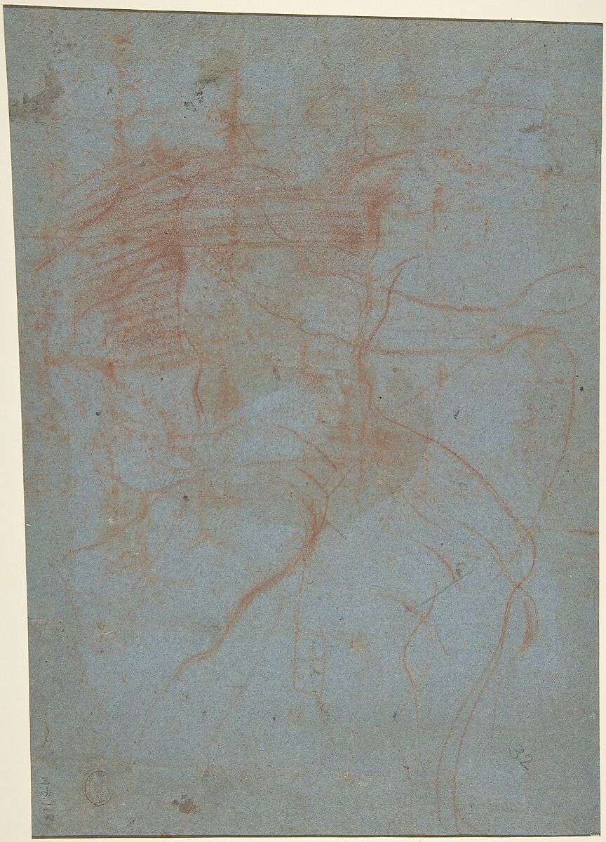Seated Old Man with Right Arm Upraised (Tithonus) (recto); Seated Nude Youth (figure of Day) (verso), Guercino (Giovanni Francesco Barbieri) (Italian, Cento 1591–1666 Bologna), Red chalk on blue paper