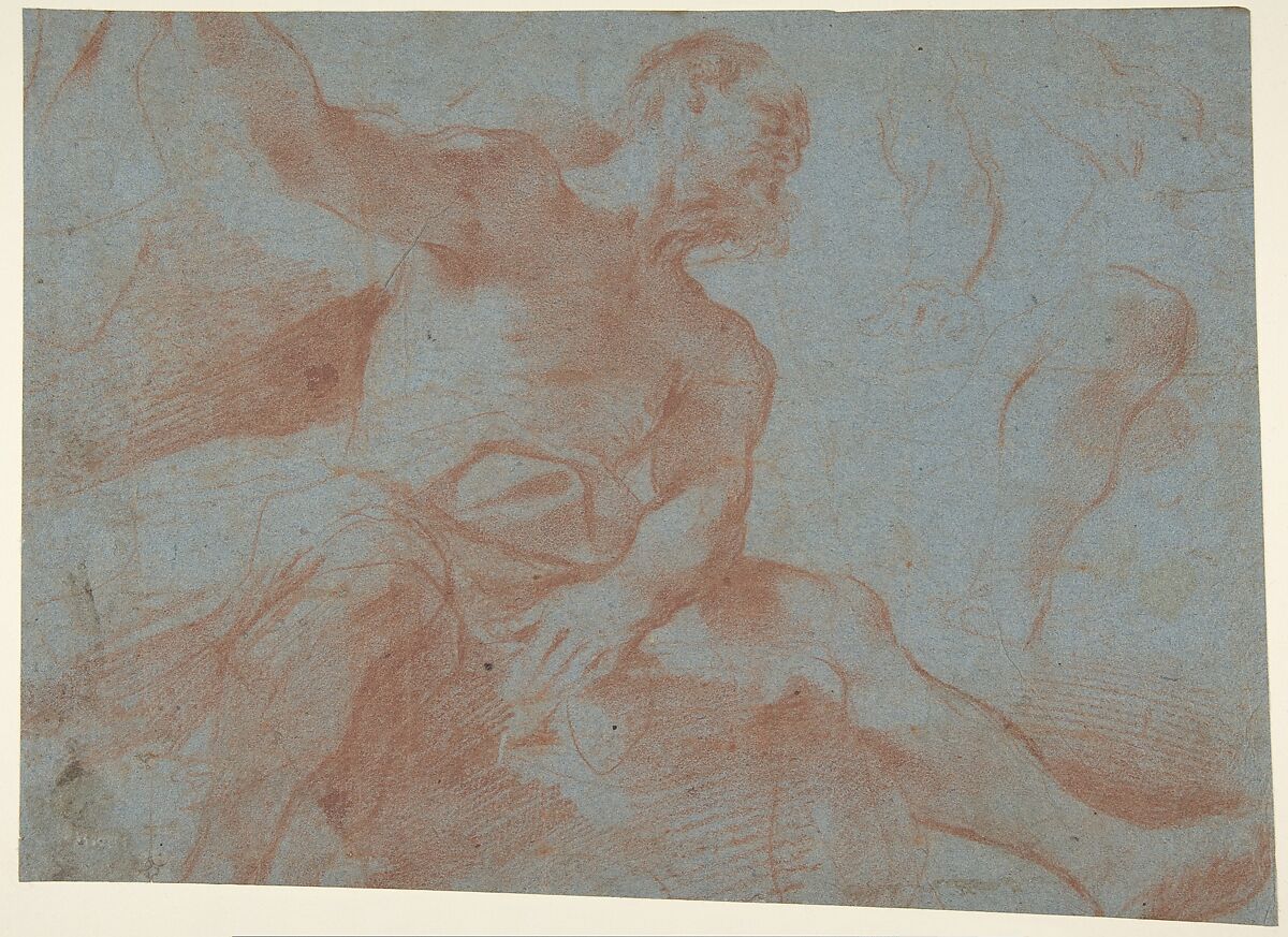 Seated Old Man with Right Arm Upraised (Tithonus) (recto); Seated Nude Youth (figure of Day) (verso), Guercino (Giovanni Francesco Barbieri) (Italian, Cento 1591–1666 Bologna), Red chalk on blue paper 