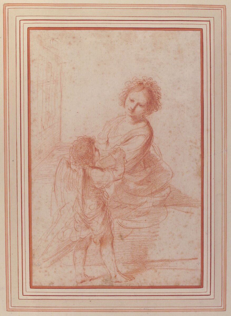 Saint Cecilia Playing the Organ, Guercino (Giovanni Francesco Barbieri) (Italian, Cento 1591–1666 Bologna), Red chalk