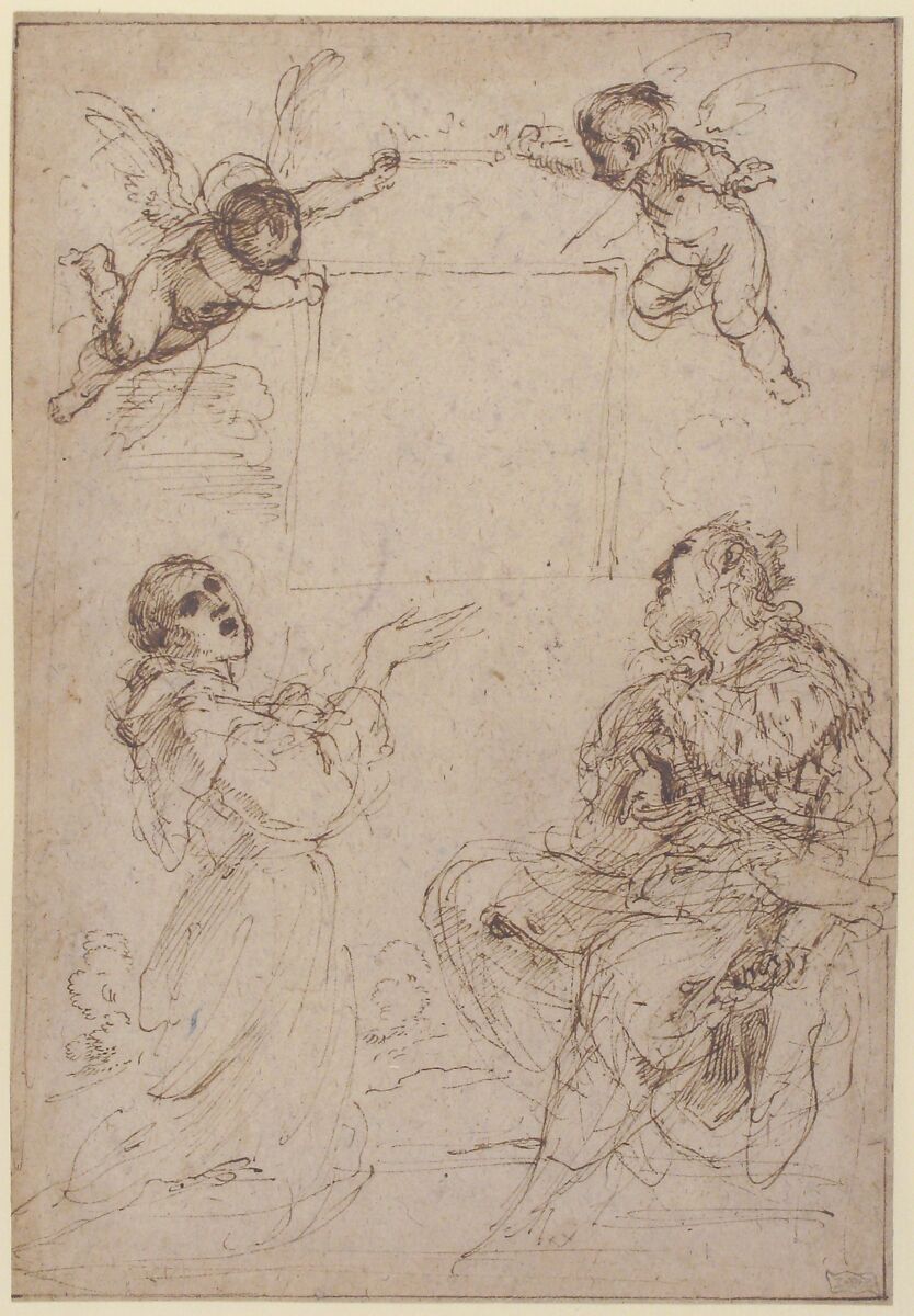 Saint Francis of Assisi and Saint Louis of France Venerating an Image of the Virgin, Guercino (Giovanni Francesco Barbieri) (Italian, Cento 1591–1666 Bologna), Pen and brown ink