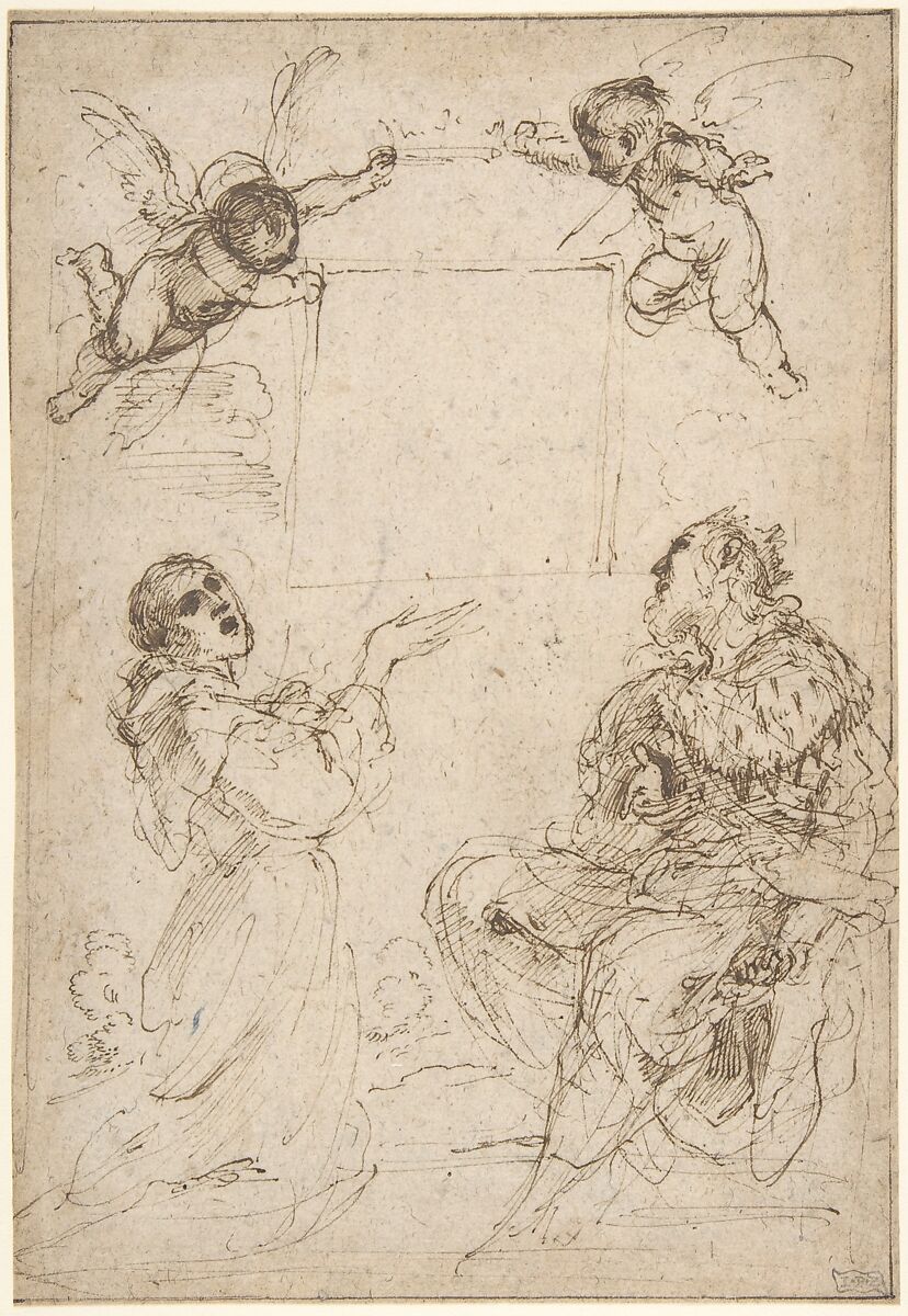 Saint Francis of Assisi and Saint Louis of France Venerating an Image of the Virgin, Guercino (Giovanni Francesco Barbieri) (Italian, Cento 1591–1666 Bologna), Pen and brown ink, on beige paper 