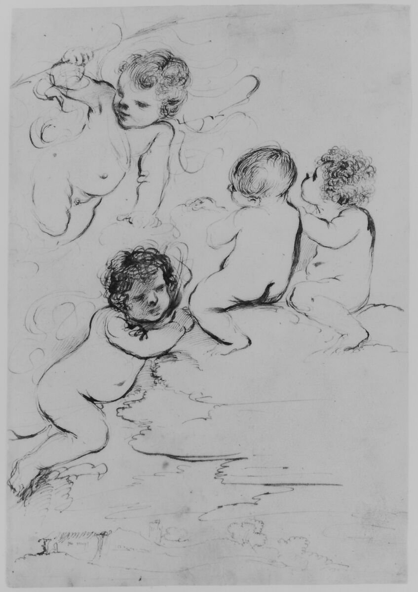 Four Putti with Bow and Arrows on Clouds above a Landscape with a Tower, Guercino (Giovanni Francesco Barbieri) (Italian, Cento 1591–1666 Bologna), Pen and brown ink, with brush and brown wash ; some red chalk transferred